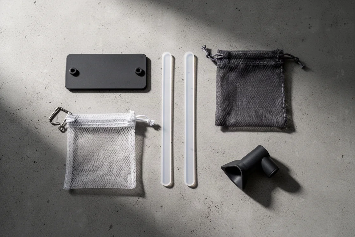 Aquarium equipment flat-lay with magnetic mount, silicone buffers and media bag