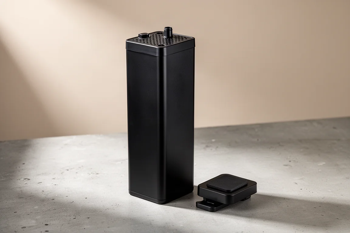 Slim black internal aquarium filter with perforated cap and magnetic mount on concrete