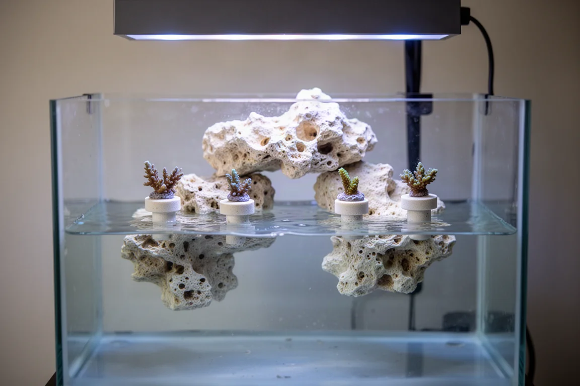 Nano-Riffaquarium mit porösem Gestein, das eine schwebende Struktur bildet, und kleinen Korallen-Frags