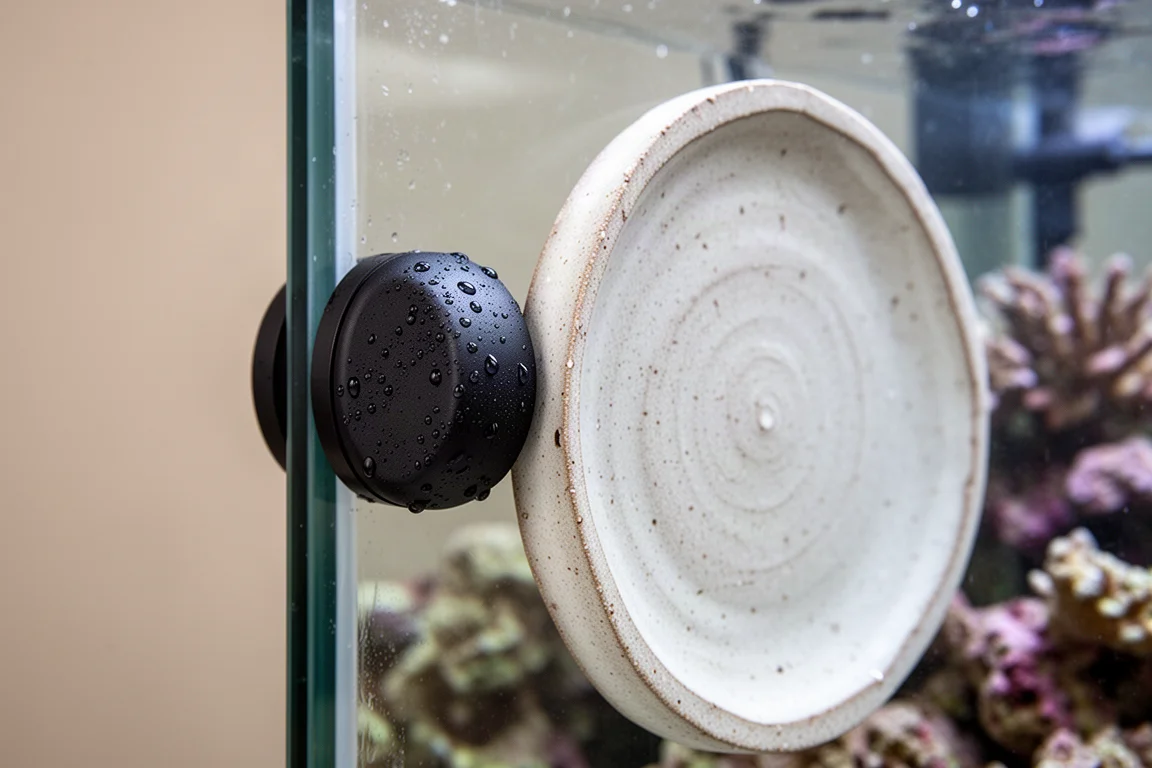 Nahaufnahme einer Magnethalterung, die eine raue Keramikplatte gegen Aquarienglas drückt