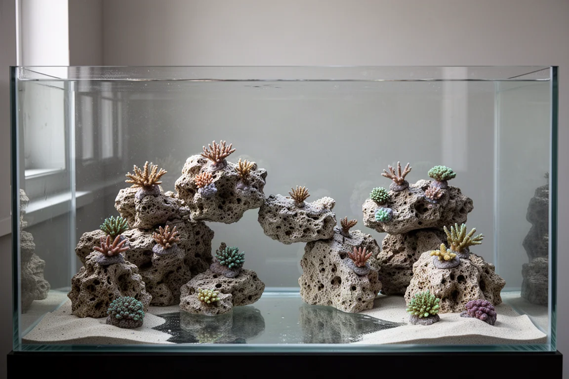 Riff-Aquascape mit porösem Gestein, das offenen Negativraum über einem nackten Beckenboden lässt