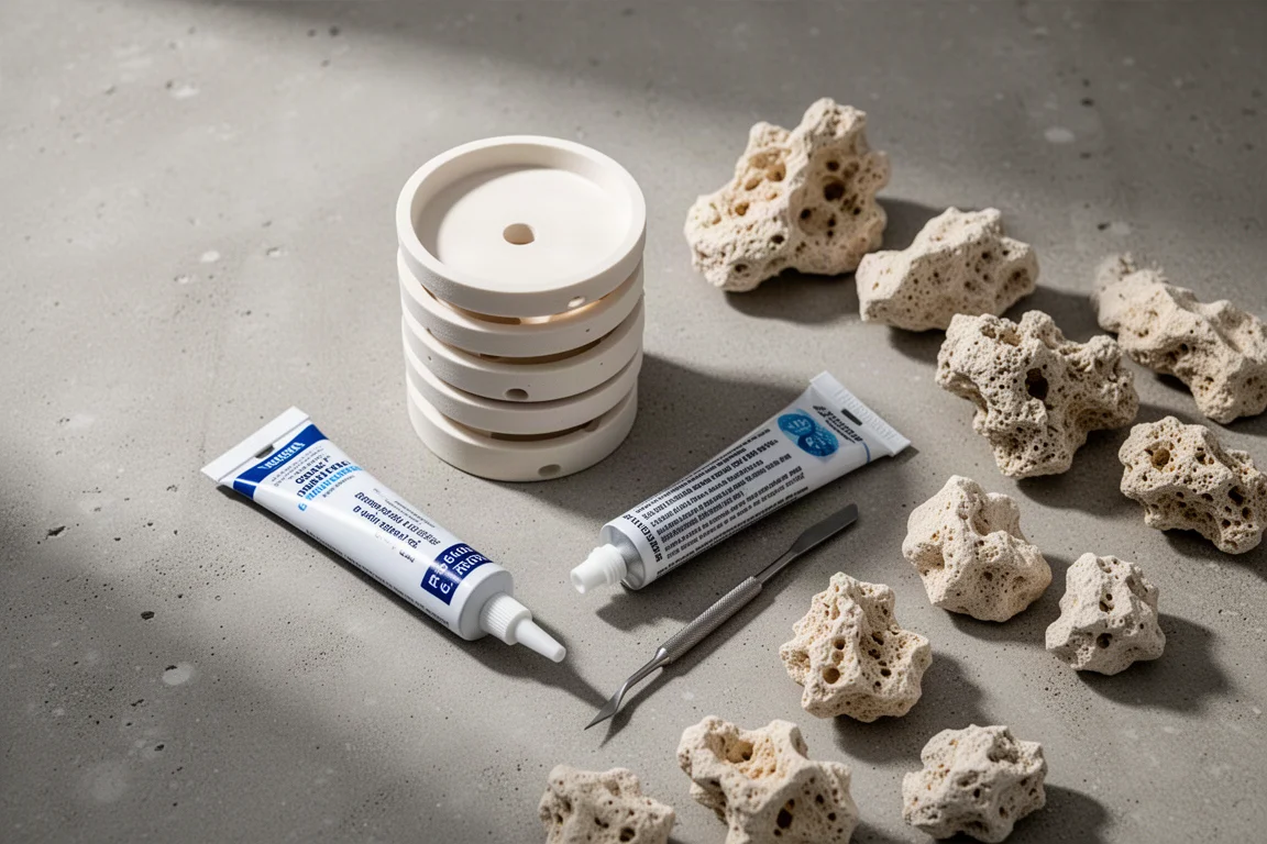 Draufsicht auf Keramik-Frag-Plugs, Korallenkleber und Gesteinsfragmente auf Beton
