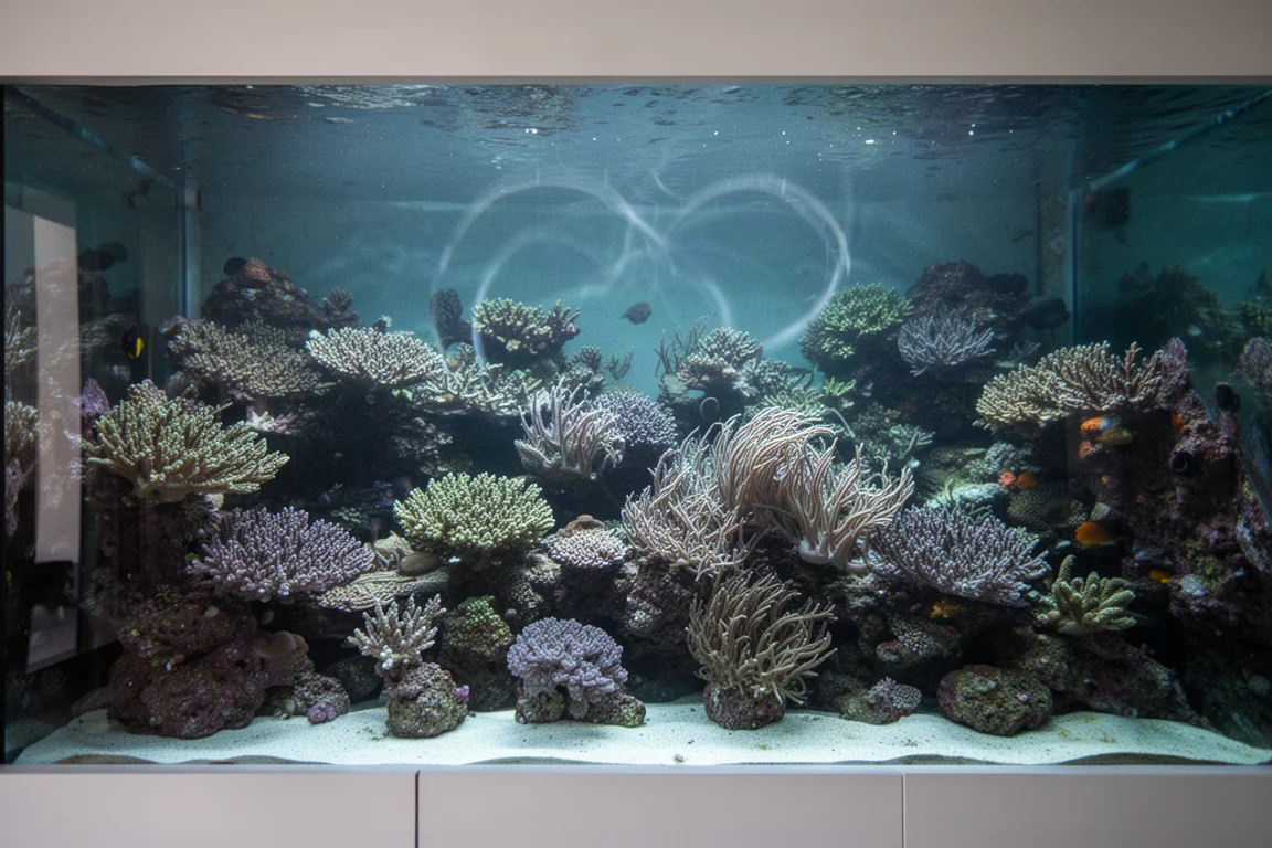 Grande acquario marino con colonie di coralli e giochi di luce che mutano sott'acqua