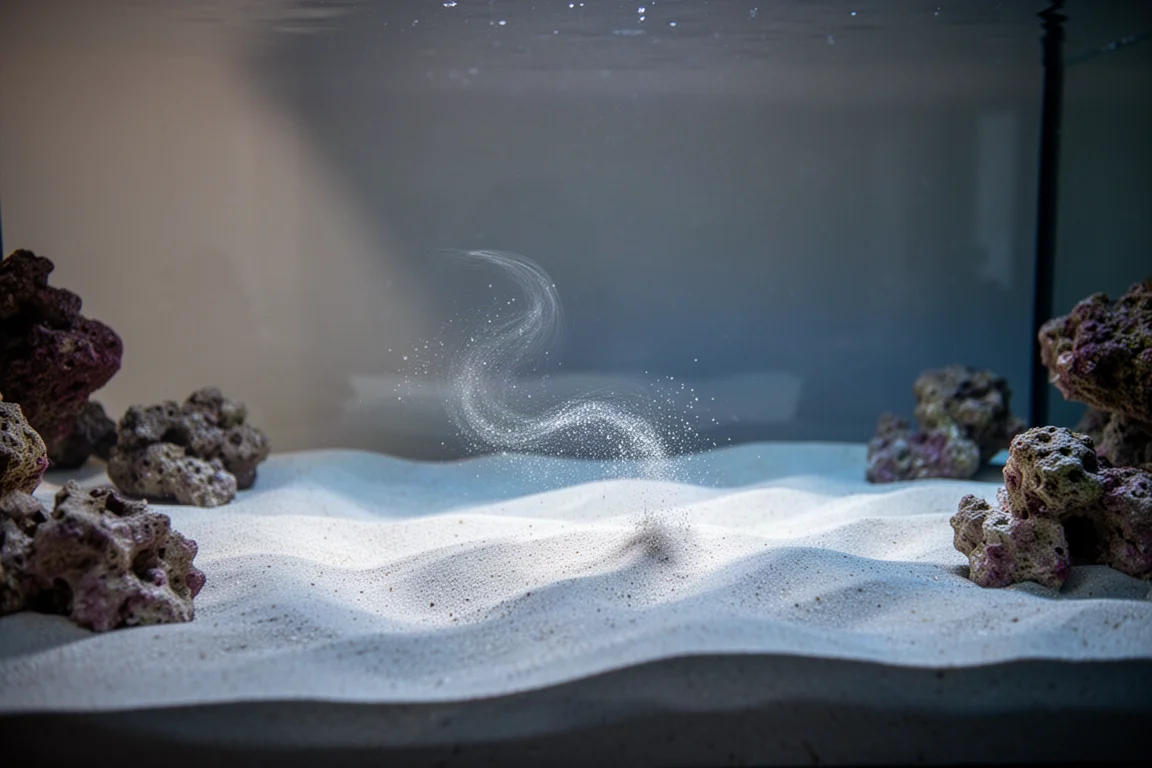 Substrato di sabbia fine sul fondo di un acquario con granelli sollevati dalla corrente