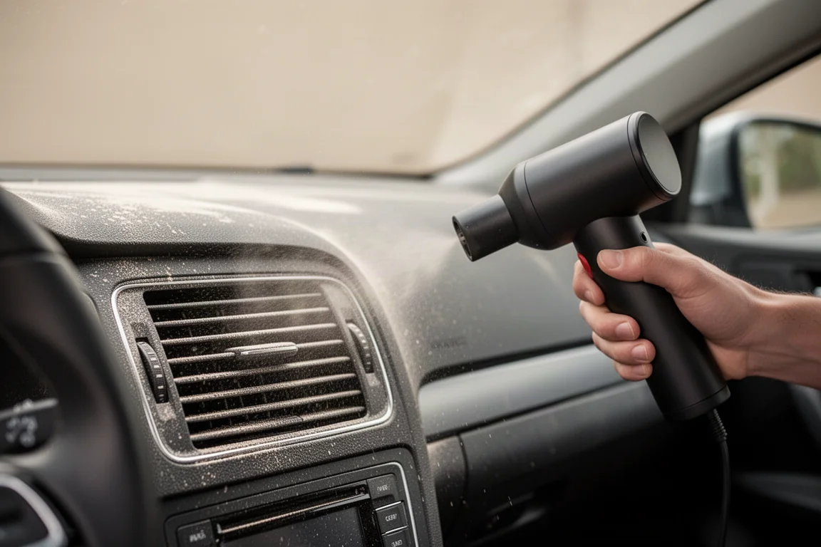 Soplador de turbo estilo secador de pelo sostenido sobre un tablero de auto polvoriento