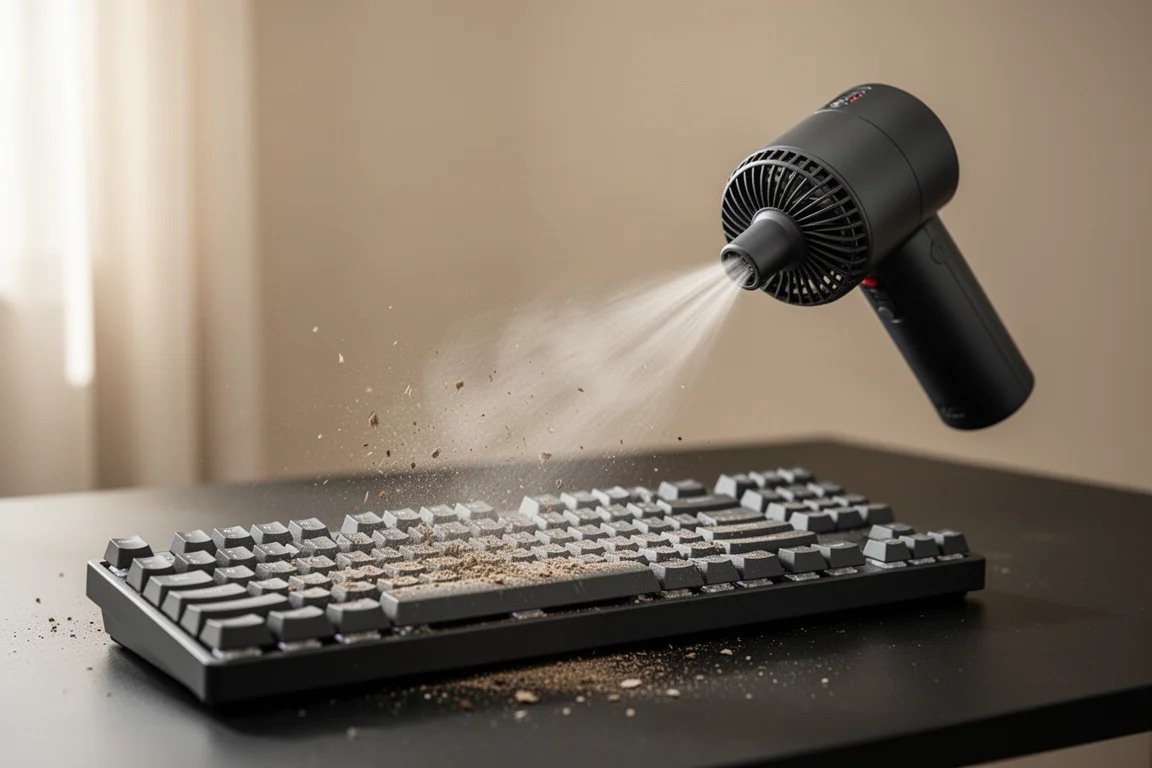 Soplador de turbo de bolsillo limpiando residuos de un teclado a corta distancia