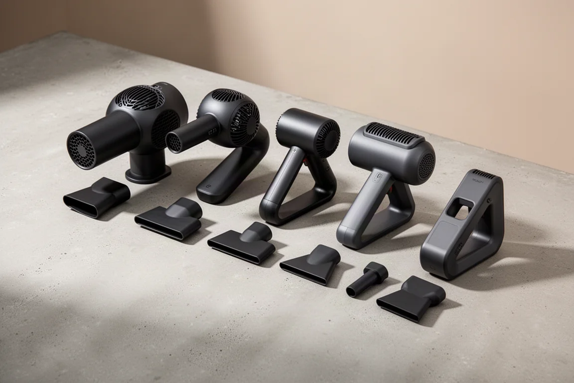 Six handheld cordless turbo fan dusters of different sizes lined up on a concrete surface