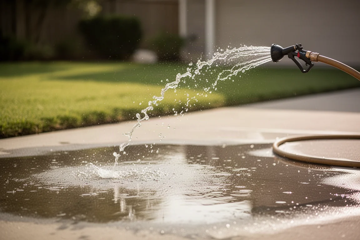 Chorro de agua saliendo de una manguera a través de una entrada en pleno día