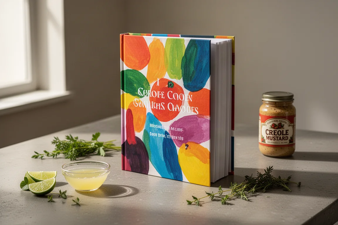 Colorful hardcover cookbook on a kitchen counter beside fresh ingredients