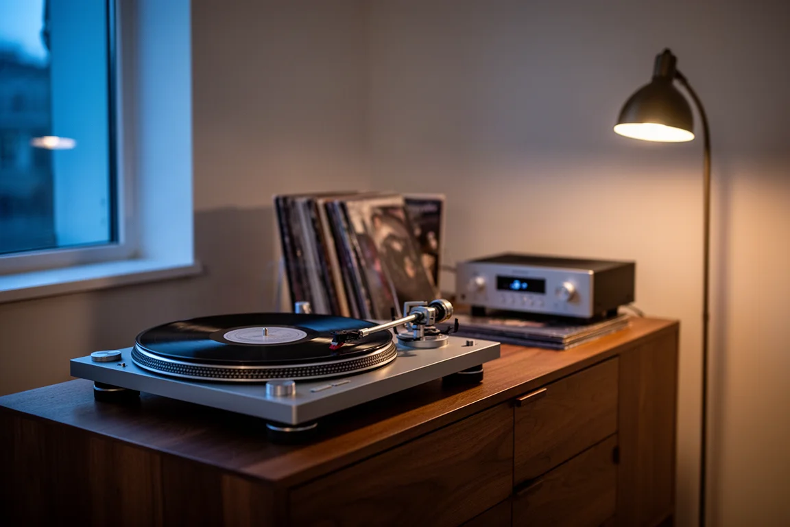 Luisterruimte in de schemering met een direct-drive platenspeler, vinylhoezen en een kleine versterker