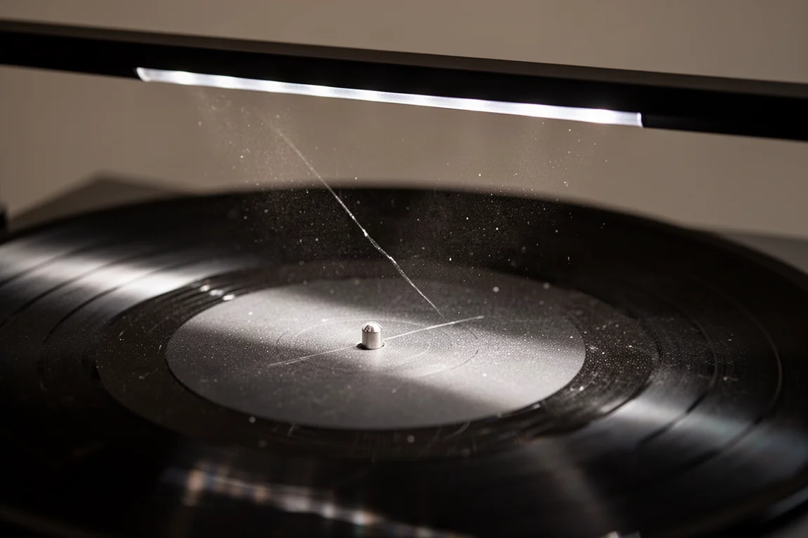 Macro-opname van een vinyloppervlak onder een lichtbalk waarop stof en fijne krassen zichtbaar worden