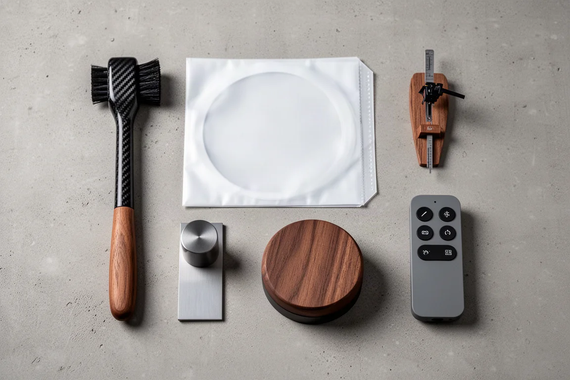 Overhead flat-lay van vinylaccessoires waaronder een borstel, hoes, meter, gewicht en afstandsbediening