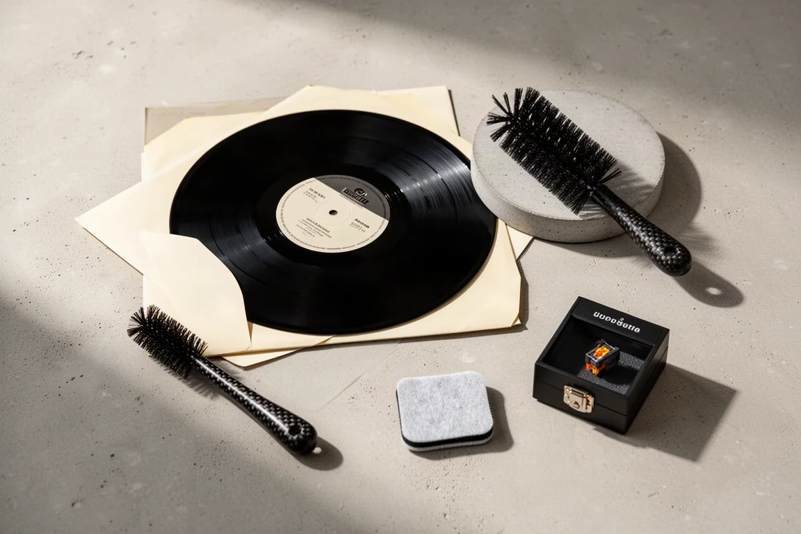 Vista aérea de um disco de vinil, capa, escova de fibra de carbono e uma pequena caixa de cápsula sobre concreto