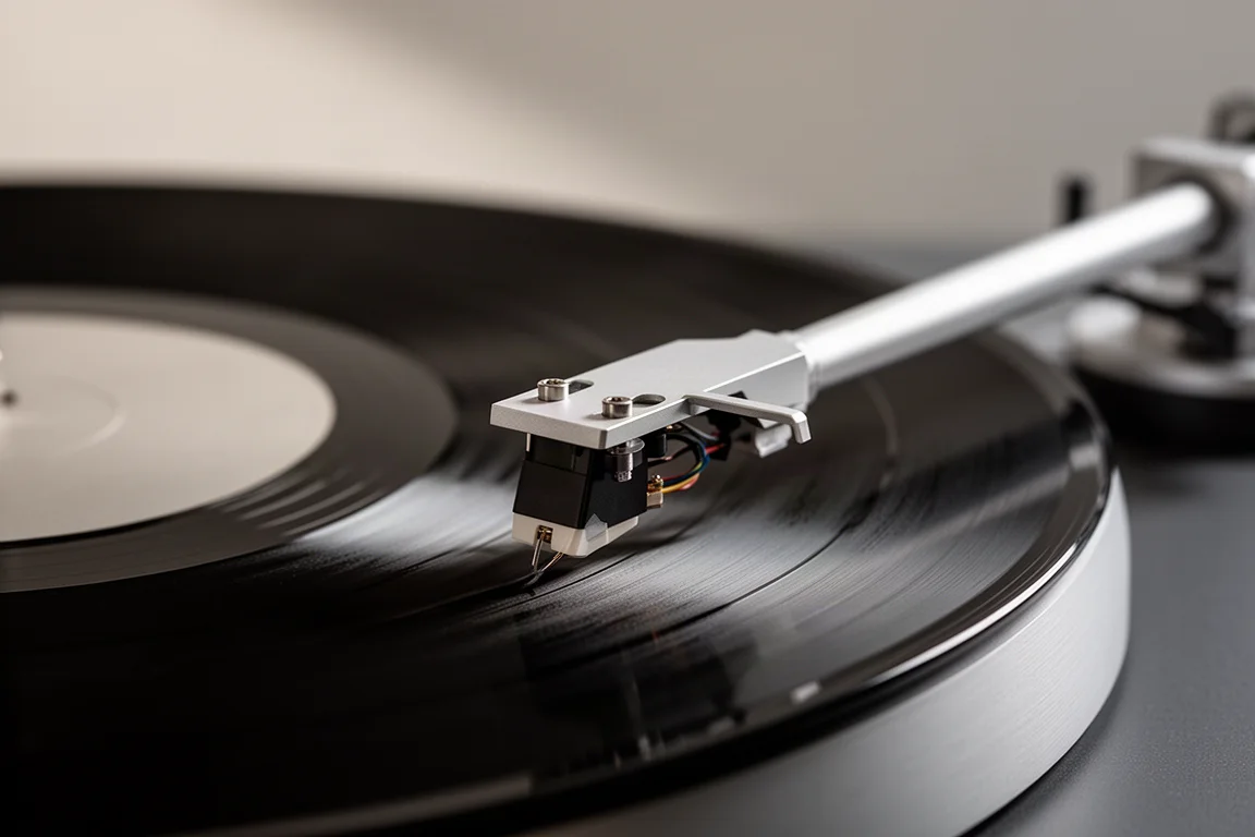 Close-up de um braço de alumínio e headshell baixados sobre um disco de vinil girando