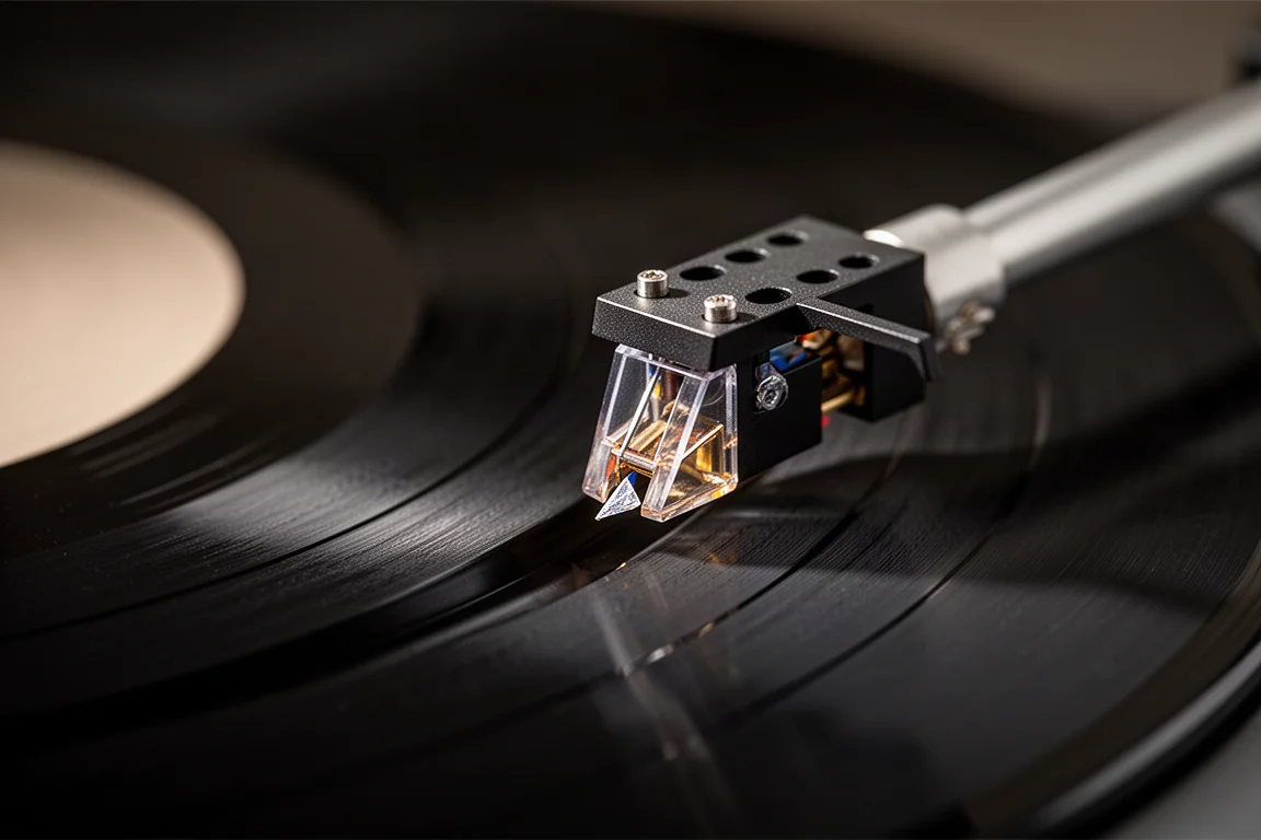 Vista macro da agulha de uma cápsula fonográfica apoiada no sulco de um disco de vinil