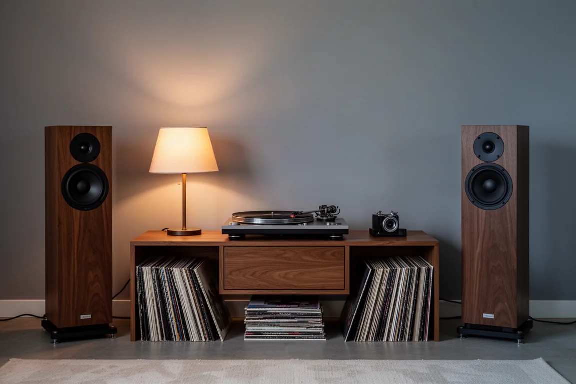 Canto de audição ao anoitecer com um toca-discos sobre um móvel de madeira e caixas de piso