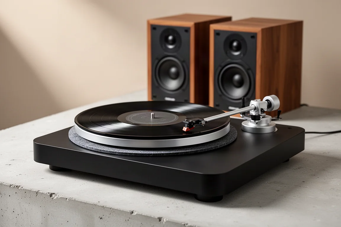 Turntable with black plinth and aluminium tonearm beside bookshelf speakers on concrete