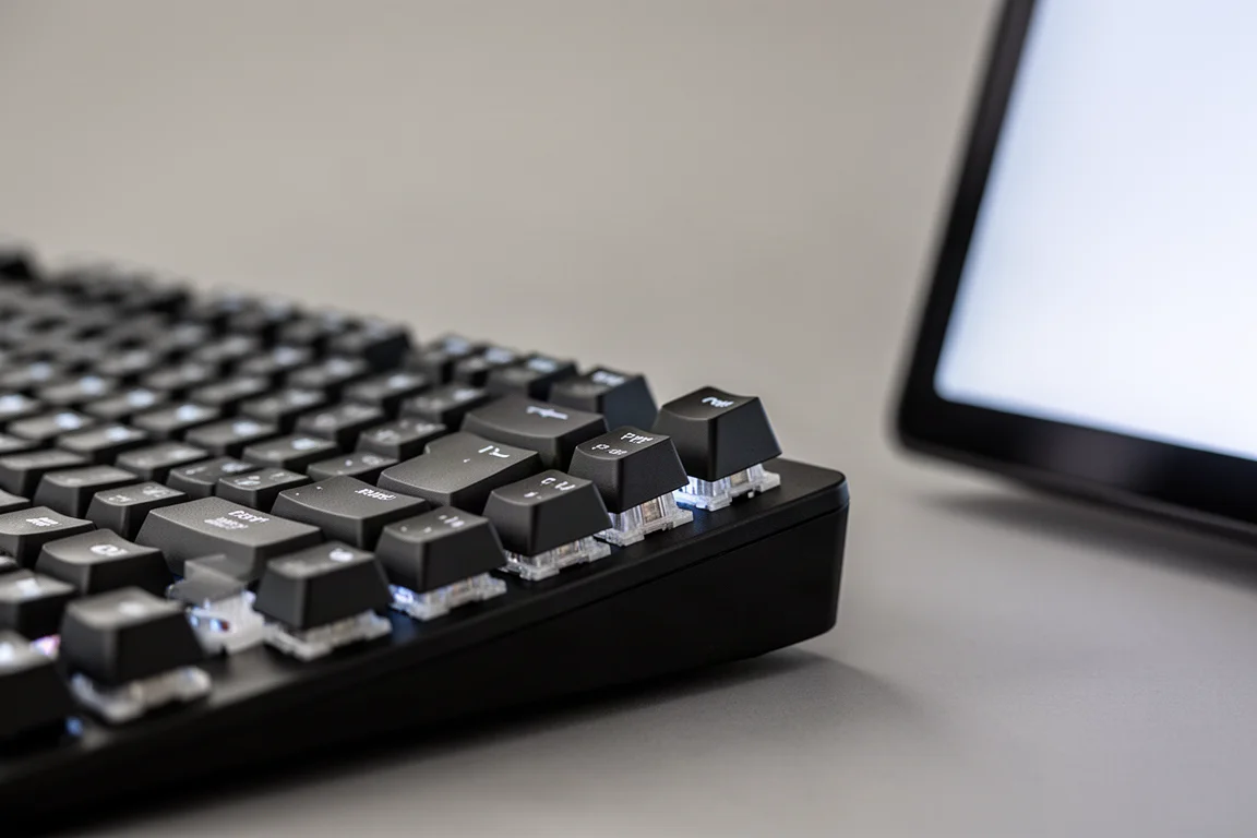 Close-up of low-profile keycaps on a gaming keyboard with a touchscreen on the side