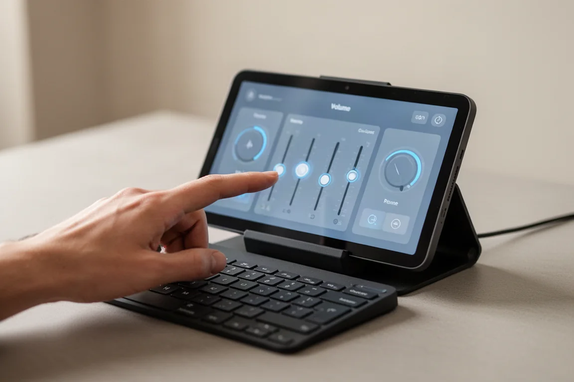 Hands adjusting volume sliders on a keyboard touchscreen interface