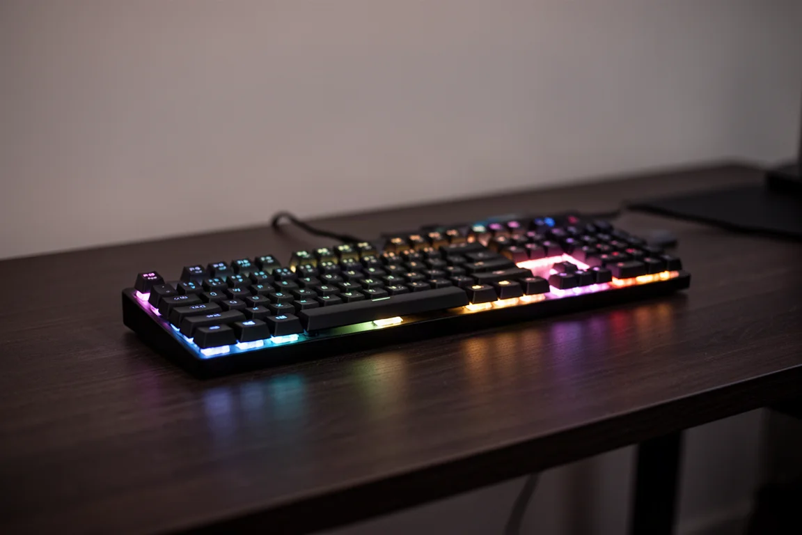 Gaming keyboard with RGB underglow lighting on a desk at dusk