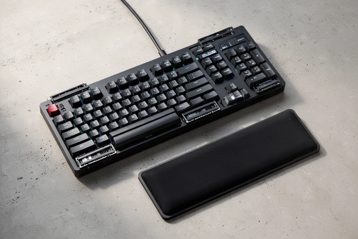 Gaming keyboard with side-mounted expansion slots and a detached wrist rest