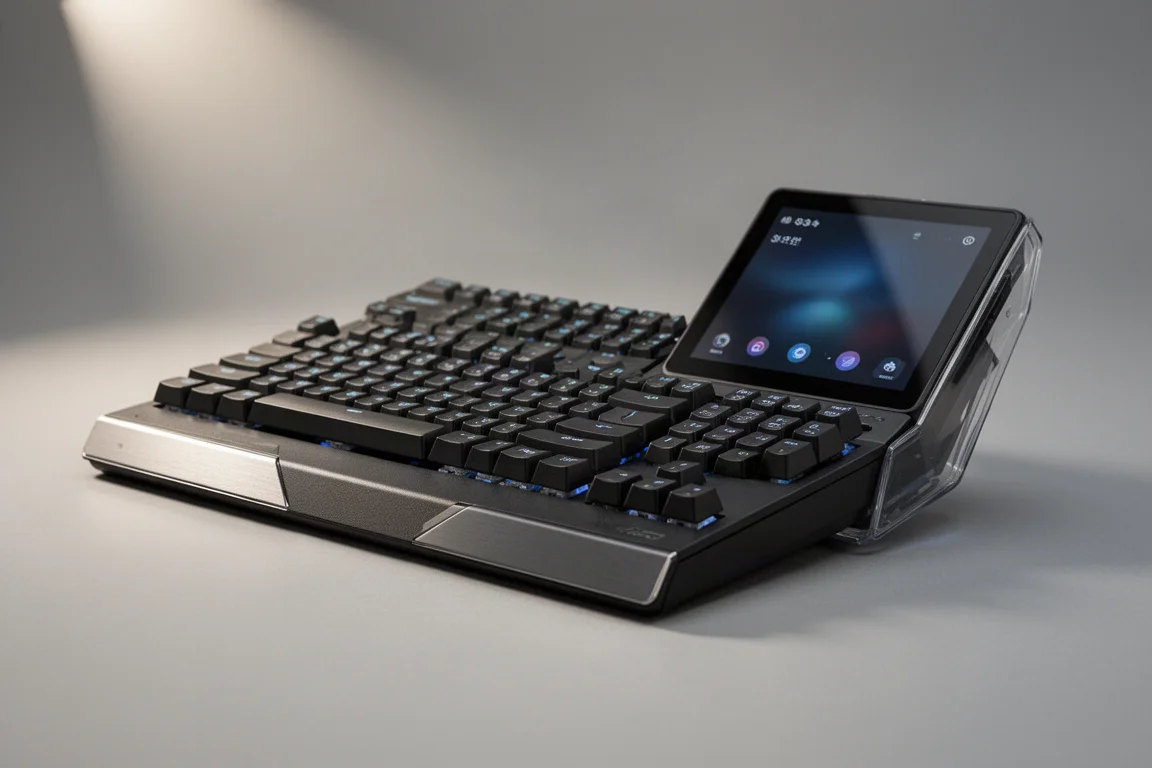 Turtle Beach low-profile gaming keyboard with side touchscreen on grey backdrop