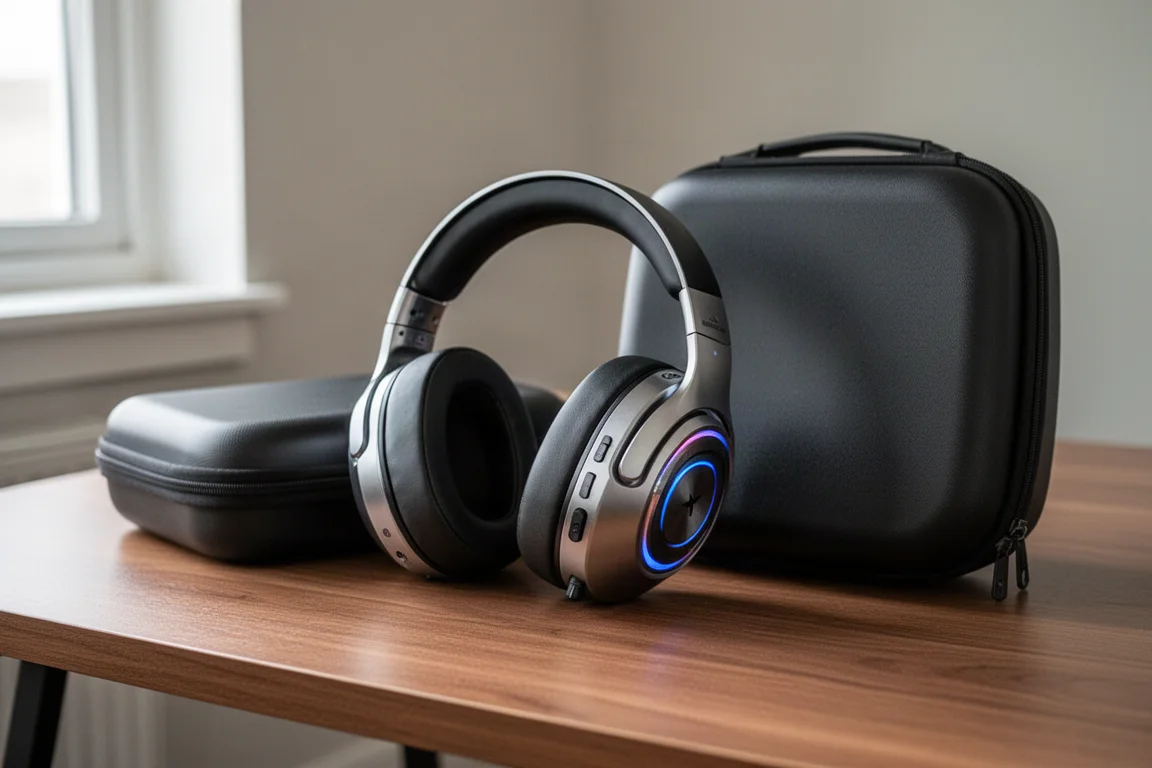Premium wireless gaming headset with metal frame and silicone headband on a desk