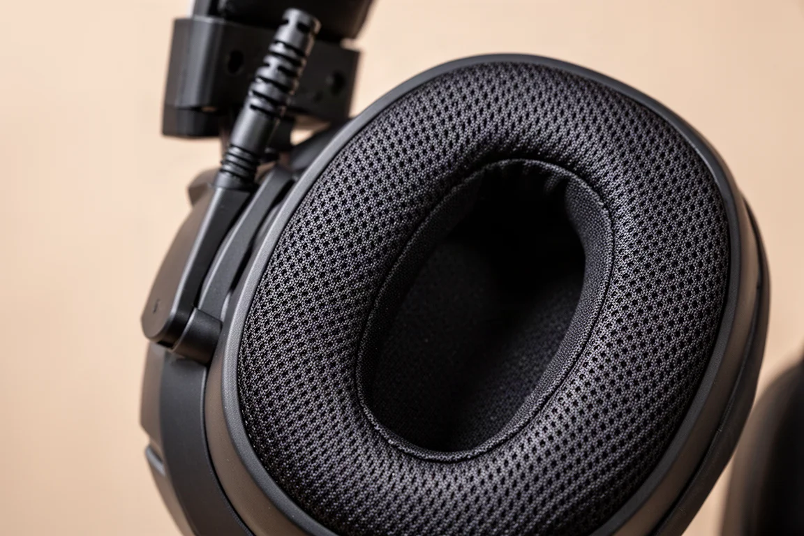 Close-up of a gaming headset earcup with memory foam pad and twist lock mechanism