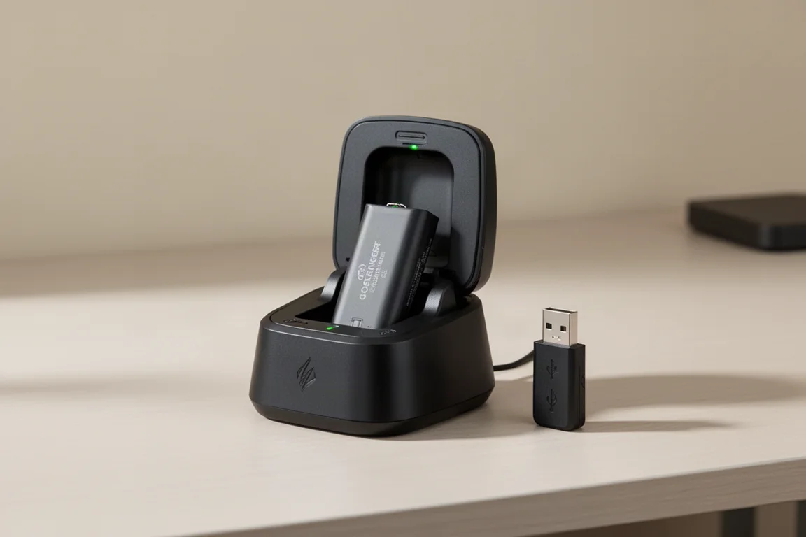 Gaming headset base station transmitter with a spare battery charging inside