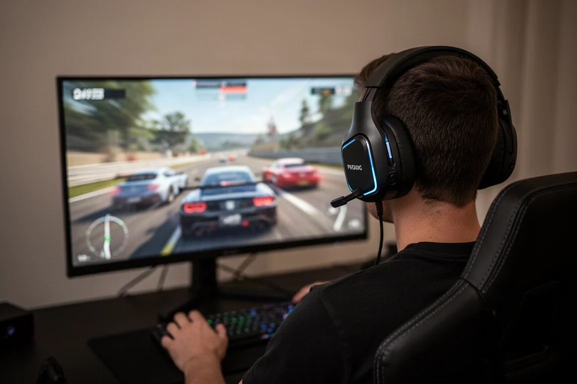 Gamer wearing a wireless headset during a single-player racing game session