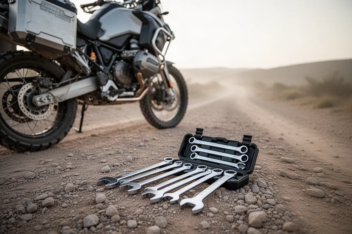 Kit de ferramentas de moto disposto sobre uma superfície de cascalho ao lado de uma moto de aventura