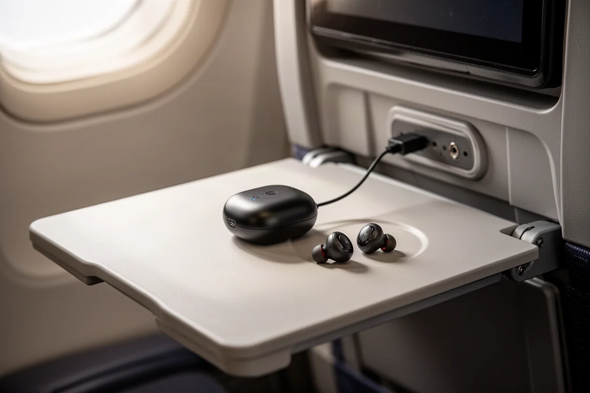 Bandeja del asiento de un viajero en un avión con un pequeño transmisor Bluetooth conectado a la pantalla