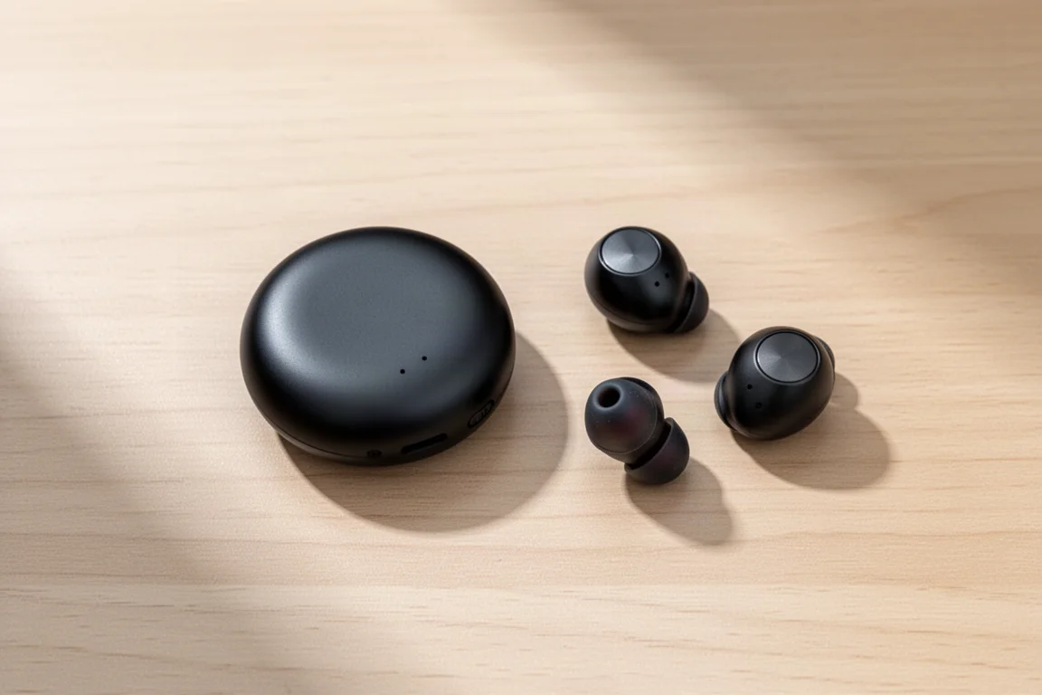 Pequeño transmisor Bluetooth negro junto a unos auriculares inalámbricos para comparar tamaños