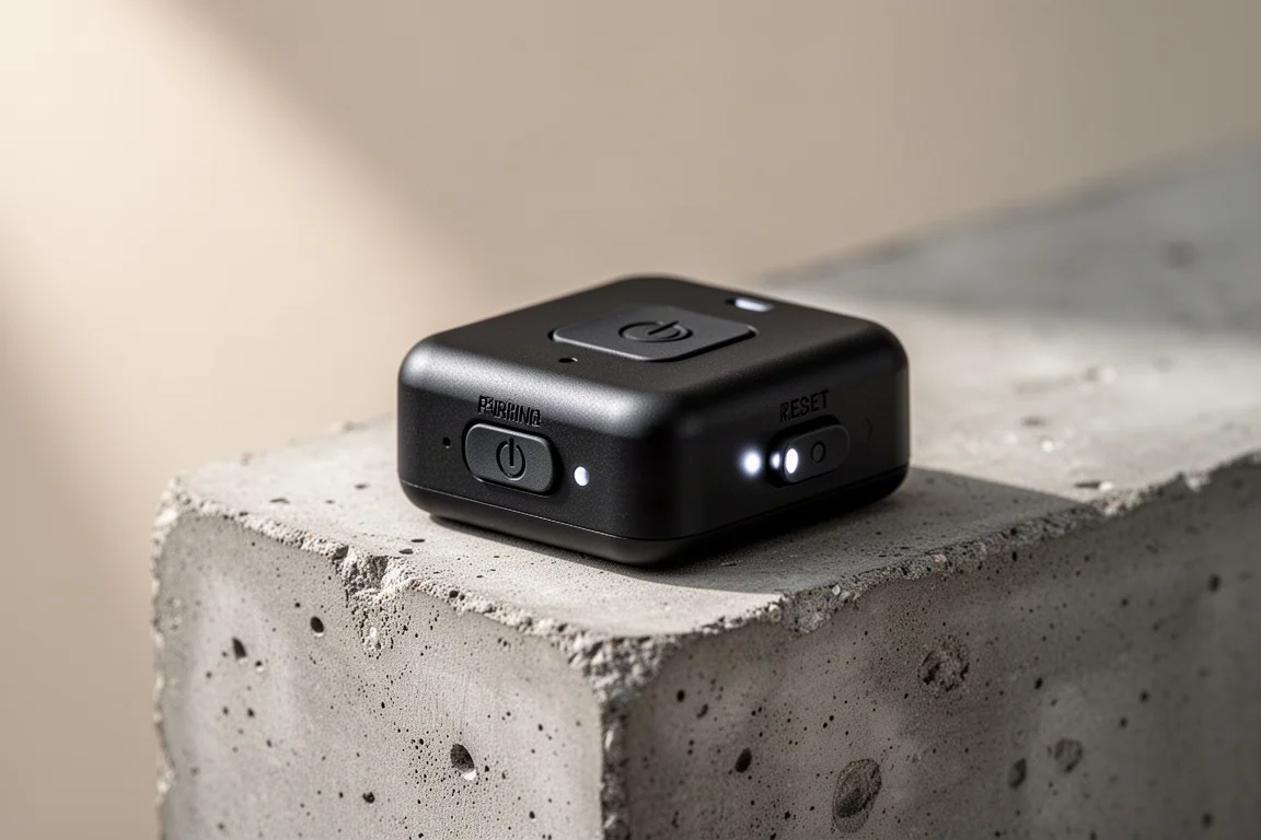 Primer plano de tres botones de control en un transmisor Bluetooth negro compacto