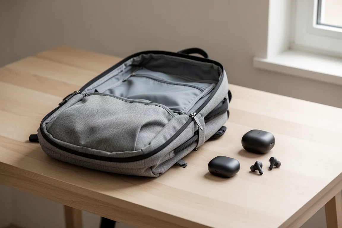 Mochila de viaje abierta sobre un escritorio con pequeños accesorios tecnológicos dispuestos a su lado