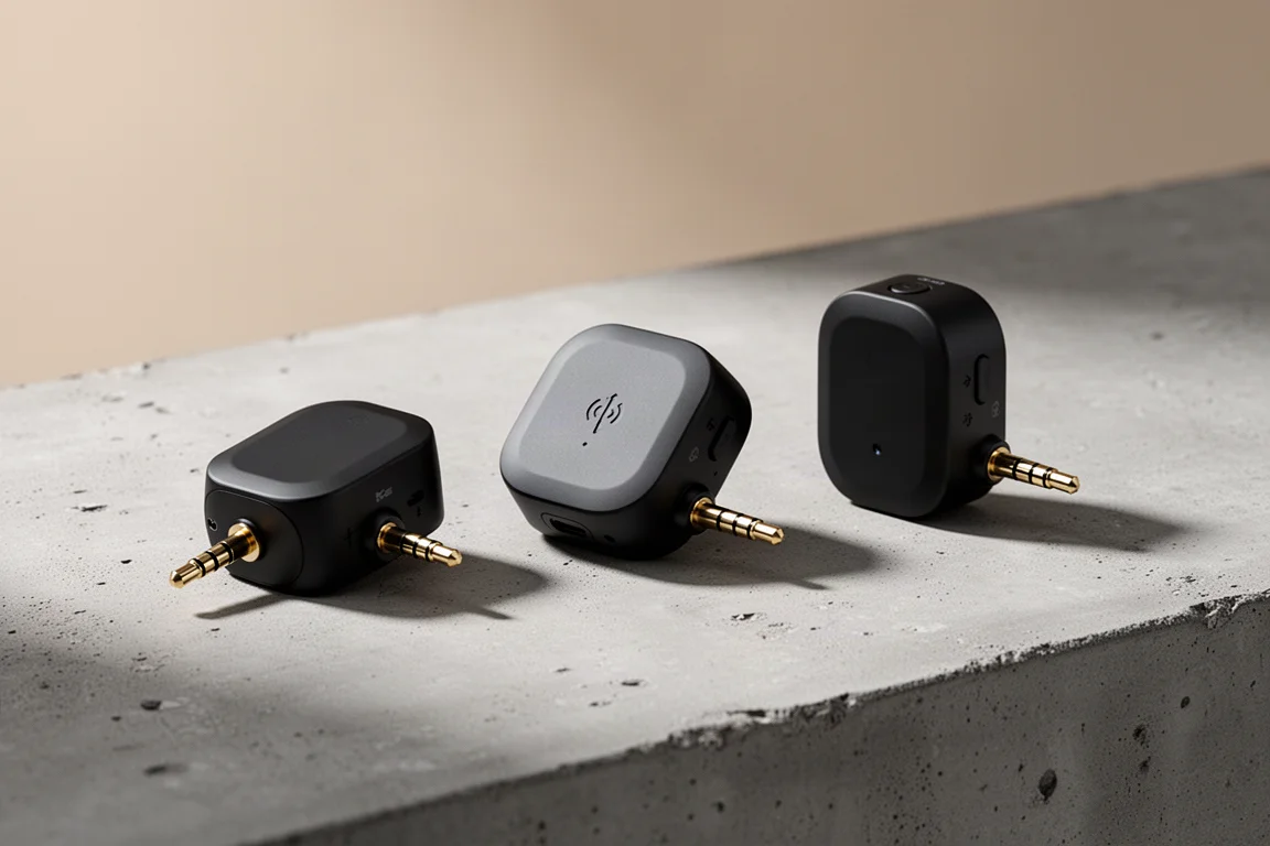 Drei kompakte schwarze Bluetooth-Transmitter, angeordnet auf einer Betonoberfläche