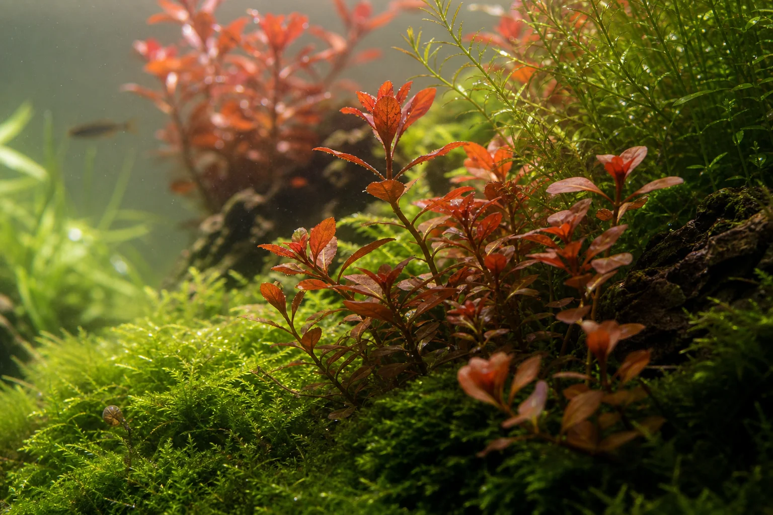 Aquarium with green moss and red stem plants under bright LED lighting