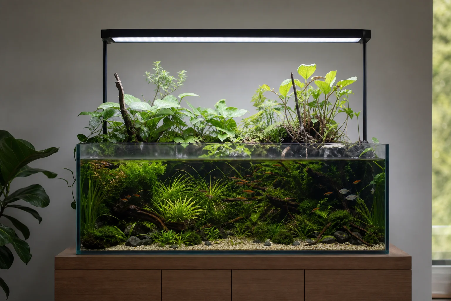 Aquarium tank setup with immersed and aquatic plant growth under LED light