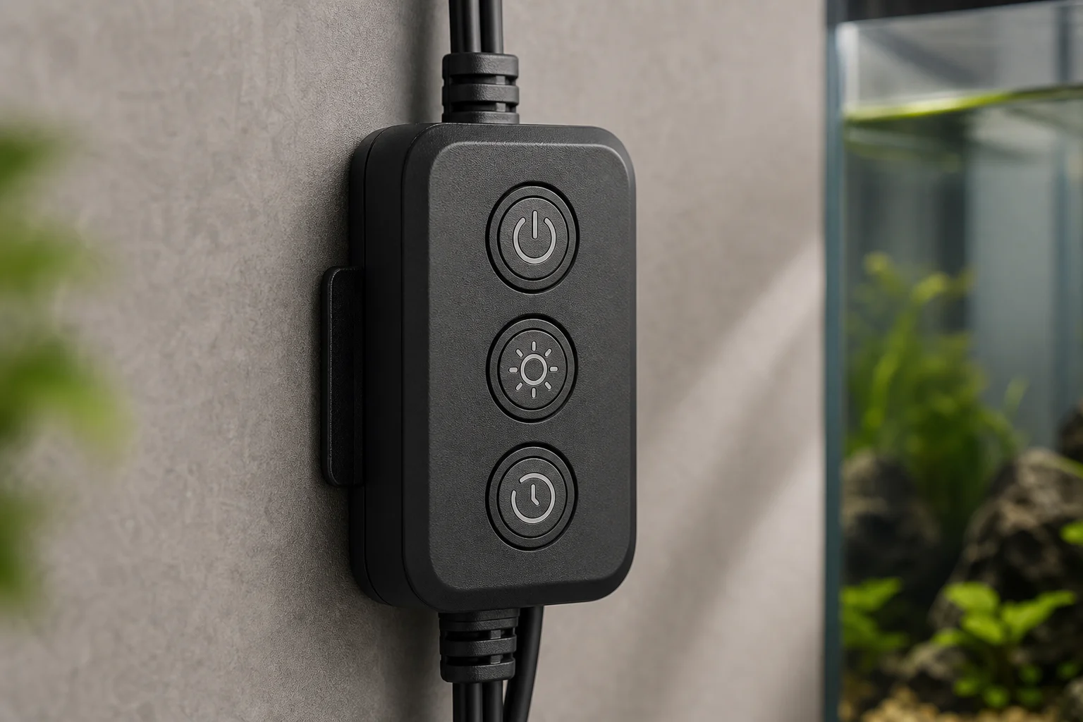 Aquarium controller with three buttons for power, dimming, and timer functions