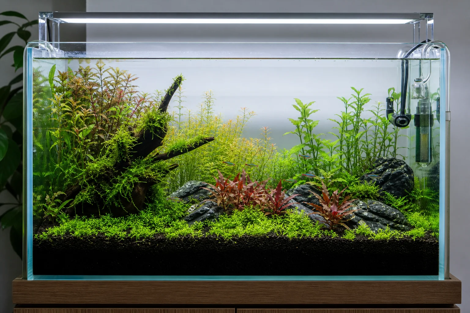 Aquarium with natural green plant coloration under LED lighting at full brightness
