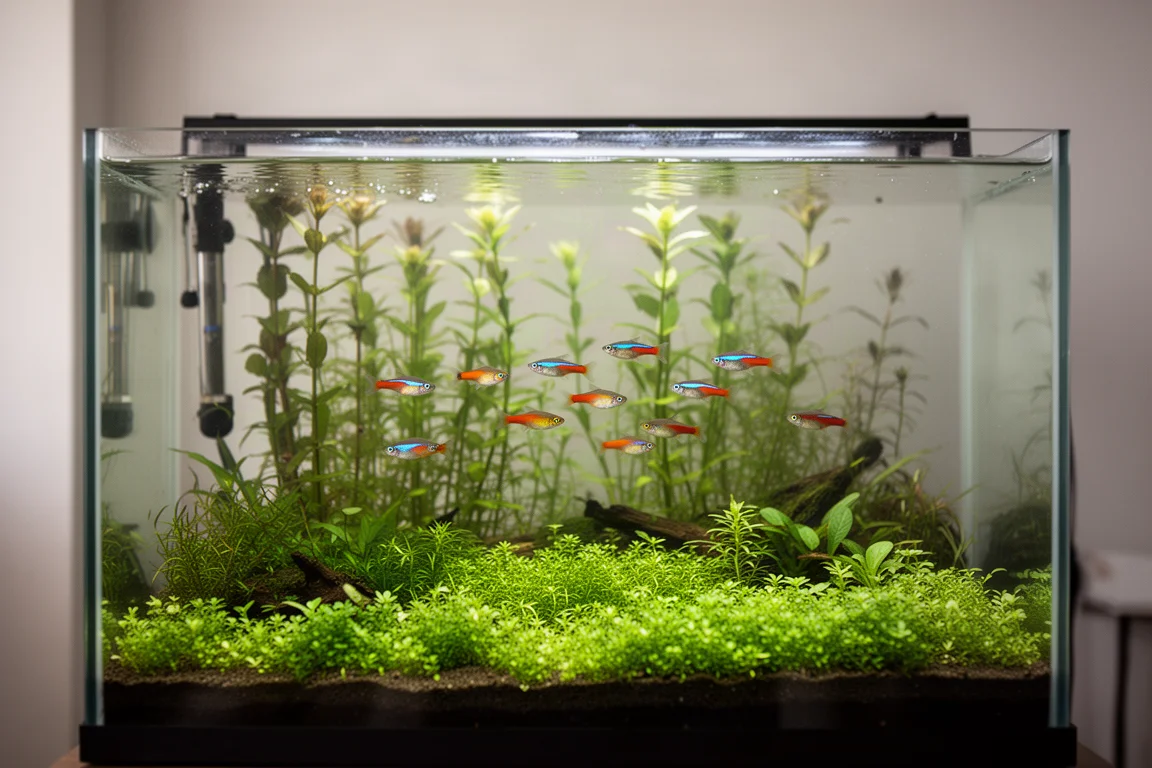 成熟的低技术水草缸,缸顶开放,横跨着一条纤薄 LED 灯条