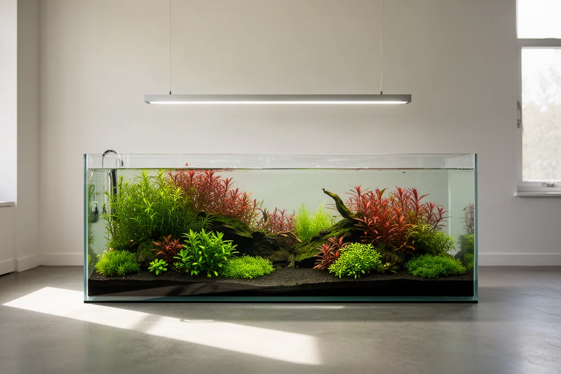 开放式造景水族箱置于纤薄 LED 灯条下,旁边放着修剪工具