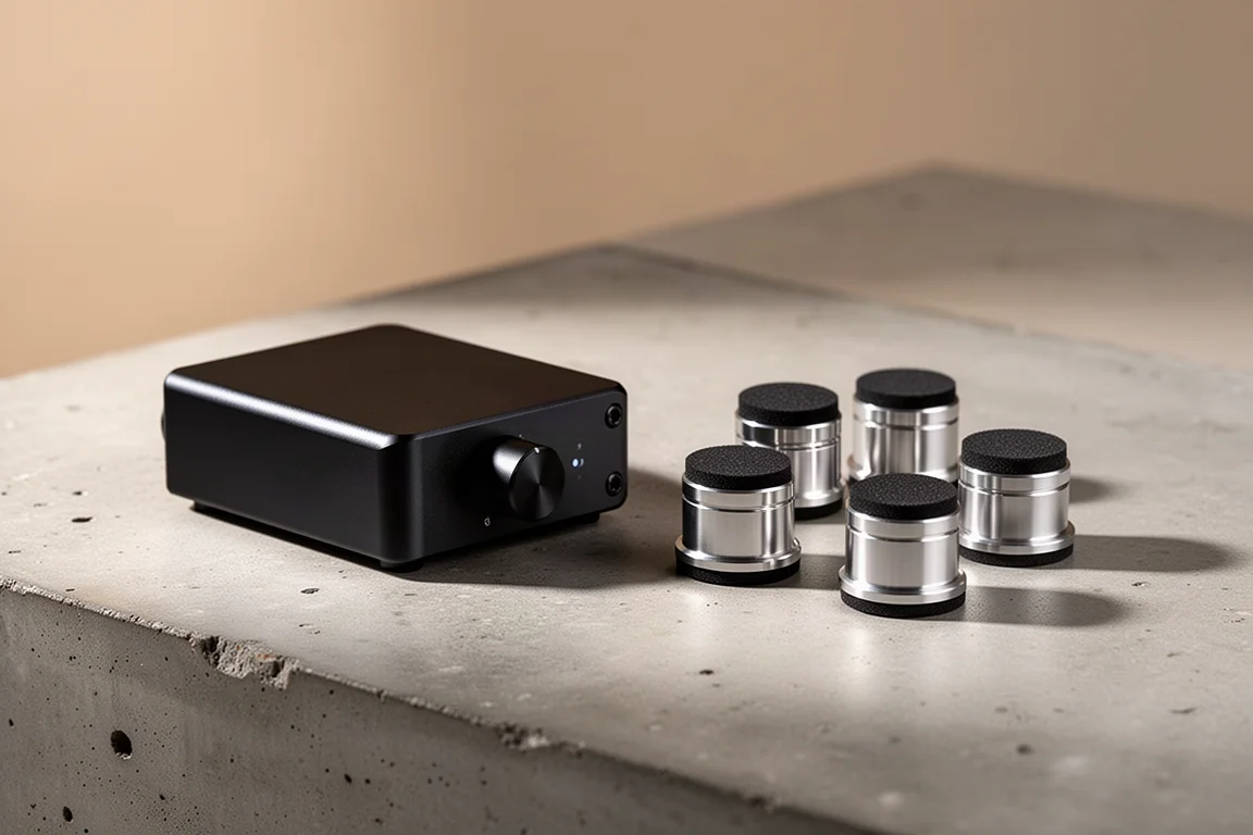 Compact black digital audio converter and four cylindrical speaker isolation feet on concrete