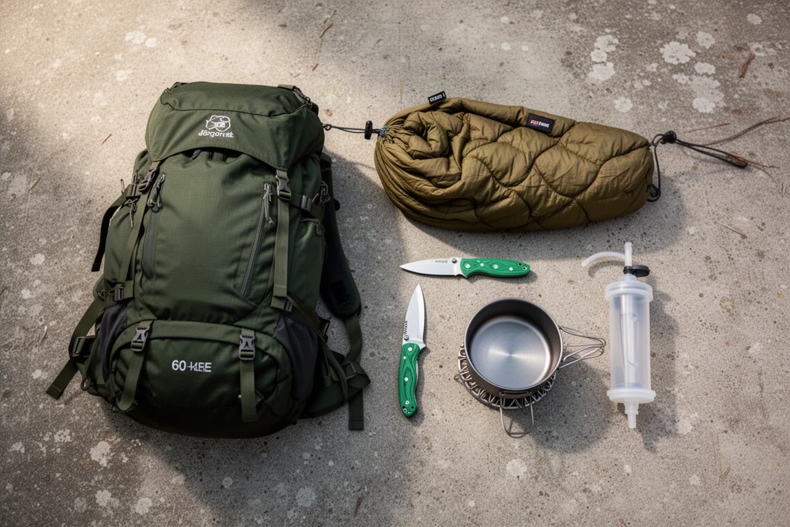 Backpacking gear flat-lay with trekking pack, hammock, cook pot and folding knife