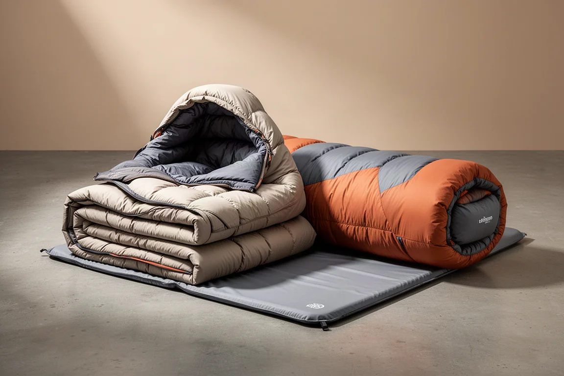Folded backpacking quilt, fitted pad sheet, and rolled down sleeping bag on concrete