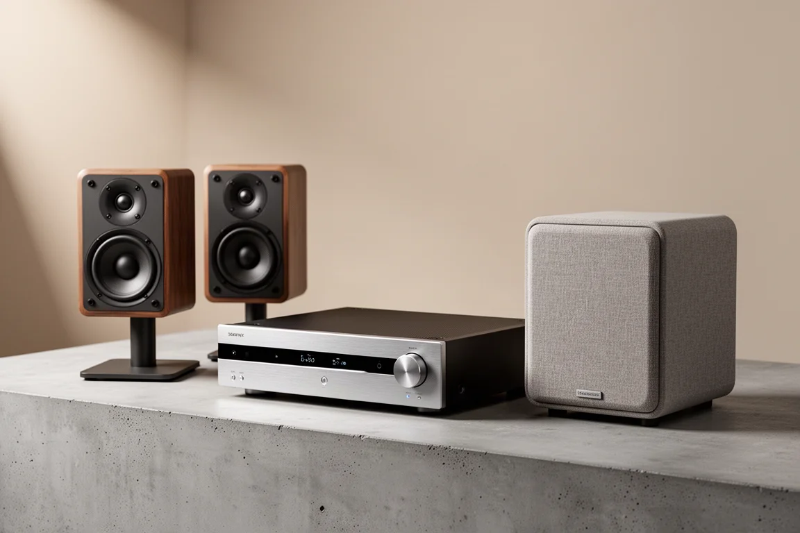 Compact hi-fi system with bookshelf speakers, a slim AV receiver, and a sealed subwoofer on concrete