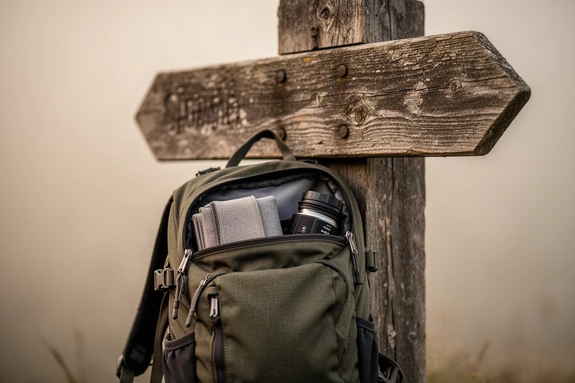 Compacte dagrugzak met uitrusting leunend tegen een verweerd houten wandelbord