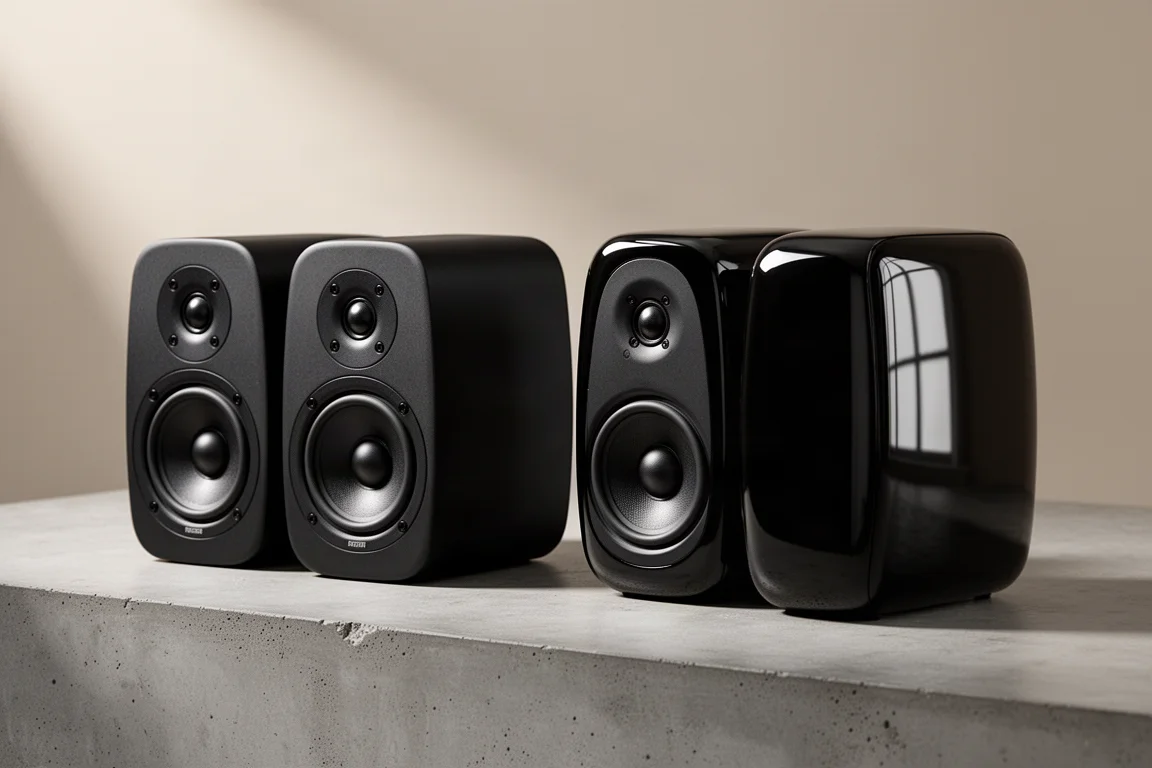 Two pairs of compact stereo loudspeakers, one matte black and one gloss black, on concrete