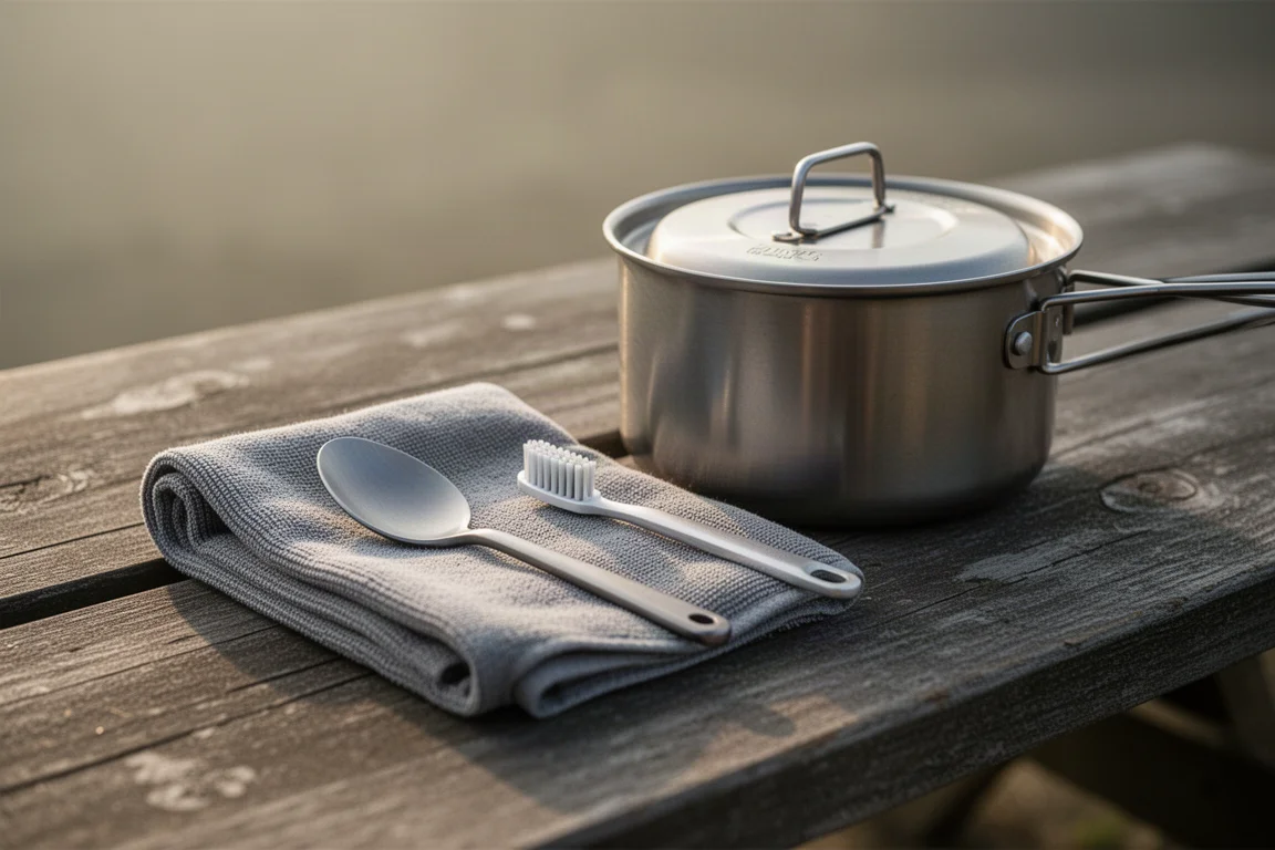 Titanium lepel en een kleine tandenborstelkop naast een kampeerpannetje op een houten tafel