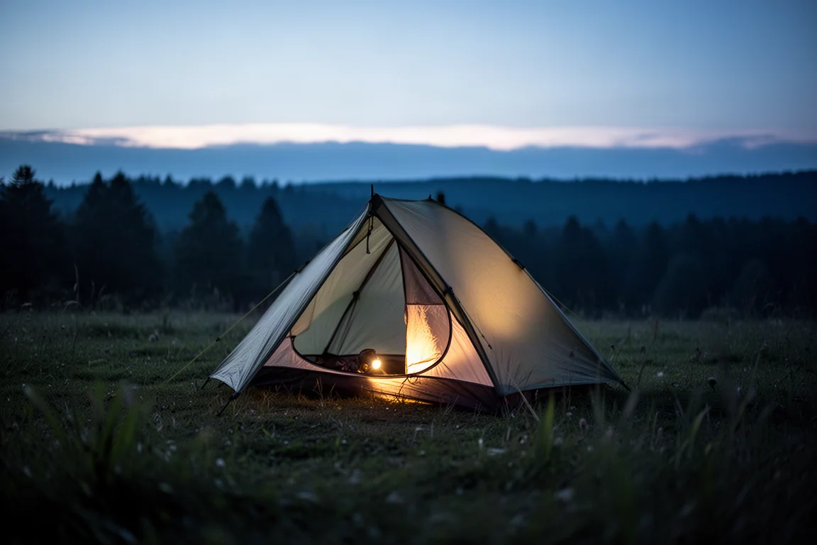Ultralichte tent die oplicht in de schemering op een grasveld met een boomlijn in de verte